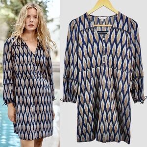 Garnet Hill Wanderlust Ikat Dress XS Tie Dye Cotton Boho Bishop Sleeves Pockets